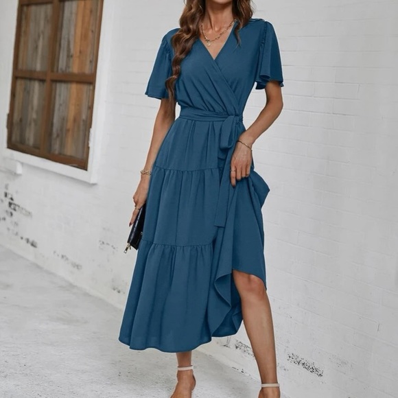 Boho butterfly sleeve ruffle hem belted dress - Picture 14 of 16